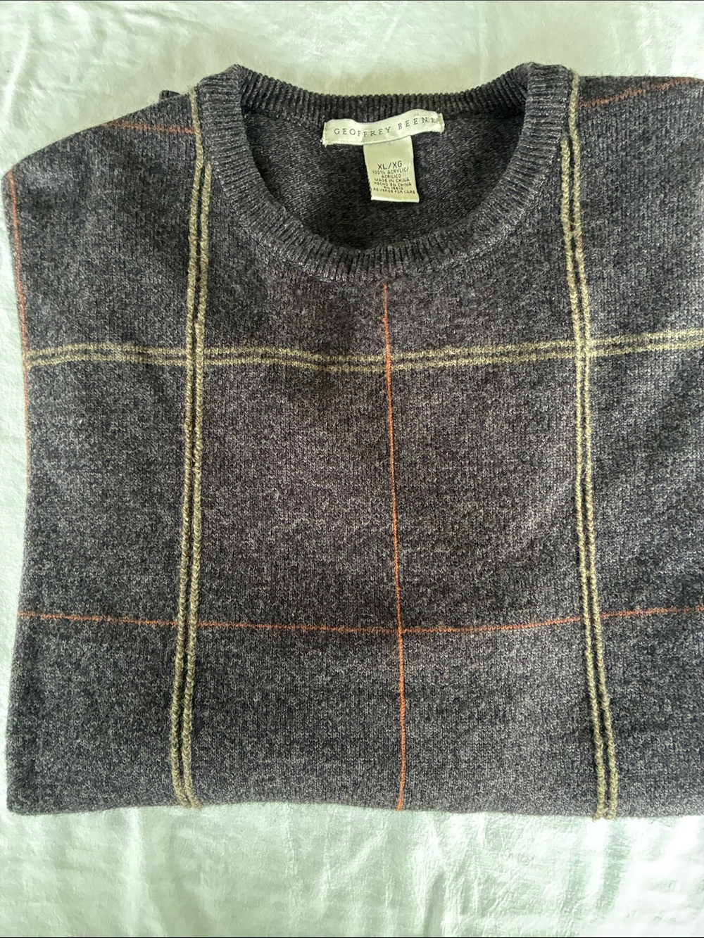 Geoffrey Beene Dark Brown Crewneck Sweater with Olive and Orange Windowpane